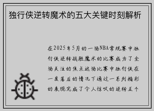 独行侠逆转魔术的五大关键时刻解析
